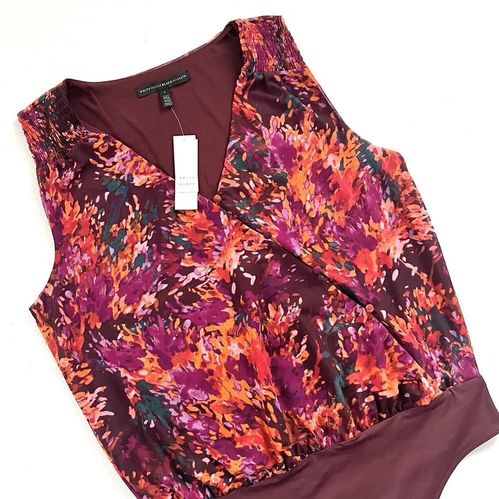 NWT White House Black Market Textural Garden Print Sleeveless Mesh Bodysuit L